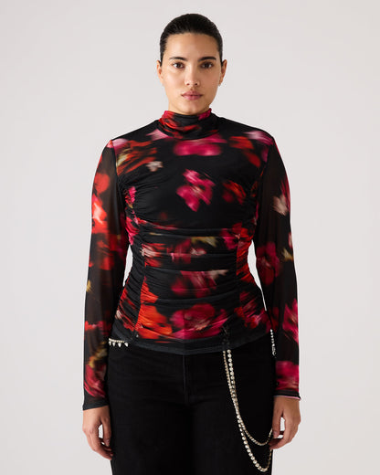 Steve Madden TAYLORE Blurry Floral Long-Sleeved Sheer Mesh Fabric Women's Top