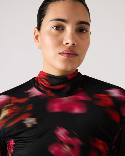 Steve Madden TAYLORE Blurry Floral Long-Sleeved Sheer Mesh Fabric Women's Top