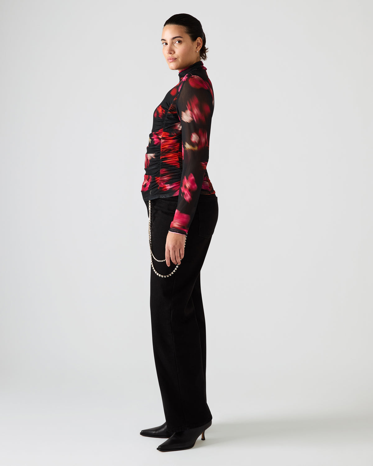 Steve Madden TAYLORE Blurry Floral Long-Sleeved Sheer Mesh Fabric Women's Top