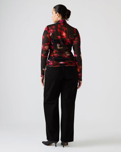 Steve Madden TAYLORE Blurry Floral Long-Sleeved Sheer Mesh Fabric Women's Top