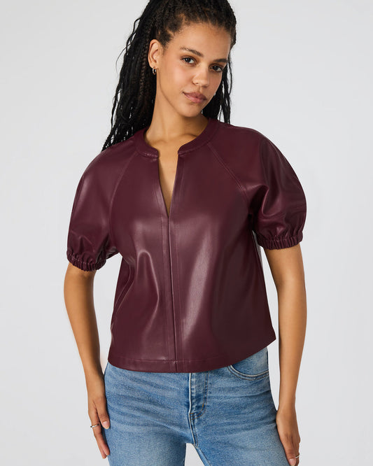 Steve Madden ROXANNE Wine Short-Sleeved Faux Leather Puff Sleeve Women's Top