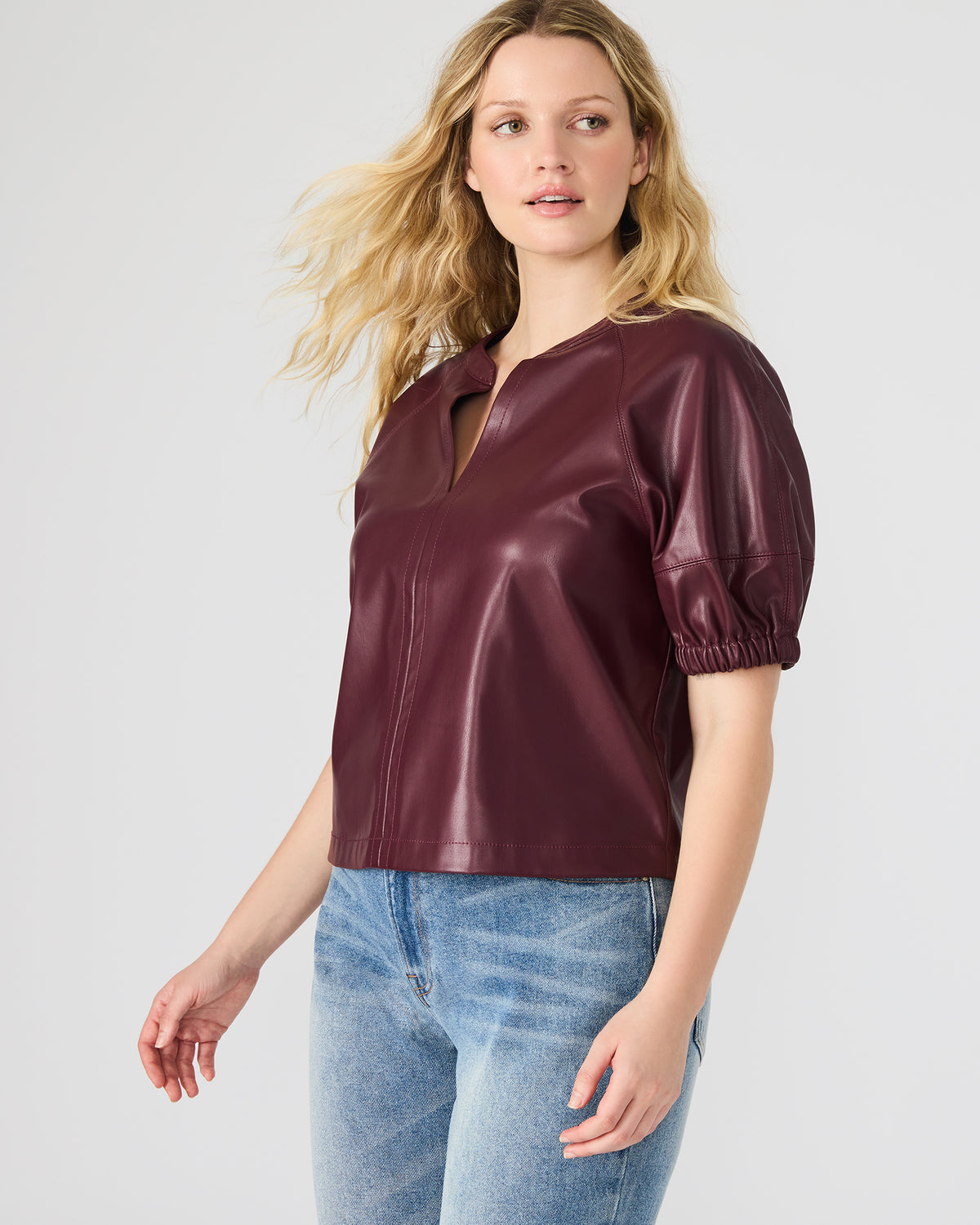 Steve Madden ROXANNE Wine Short-Sleeved Faux Leather Puff Sleeve Women's Top