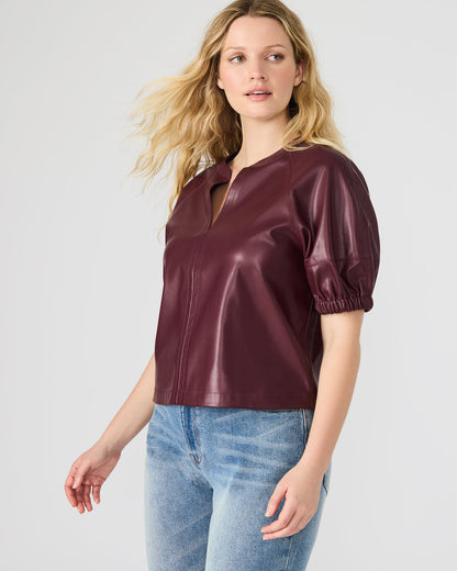 Steve Madden ROXANNE Wine Short-Sleeved Faux Leather Puff Sleeve Women's Top