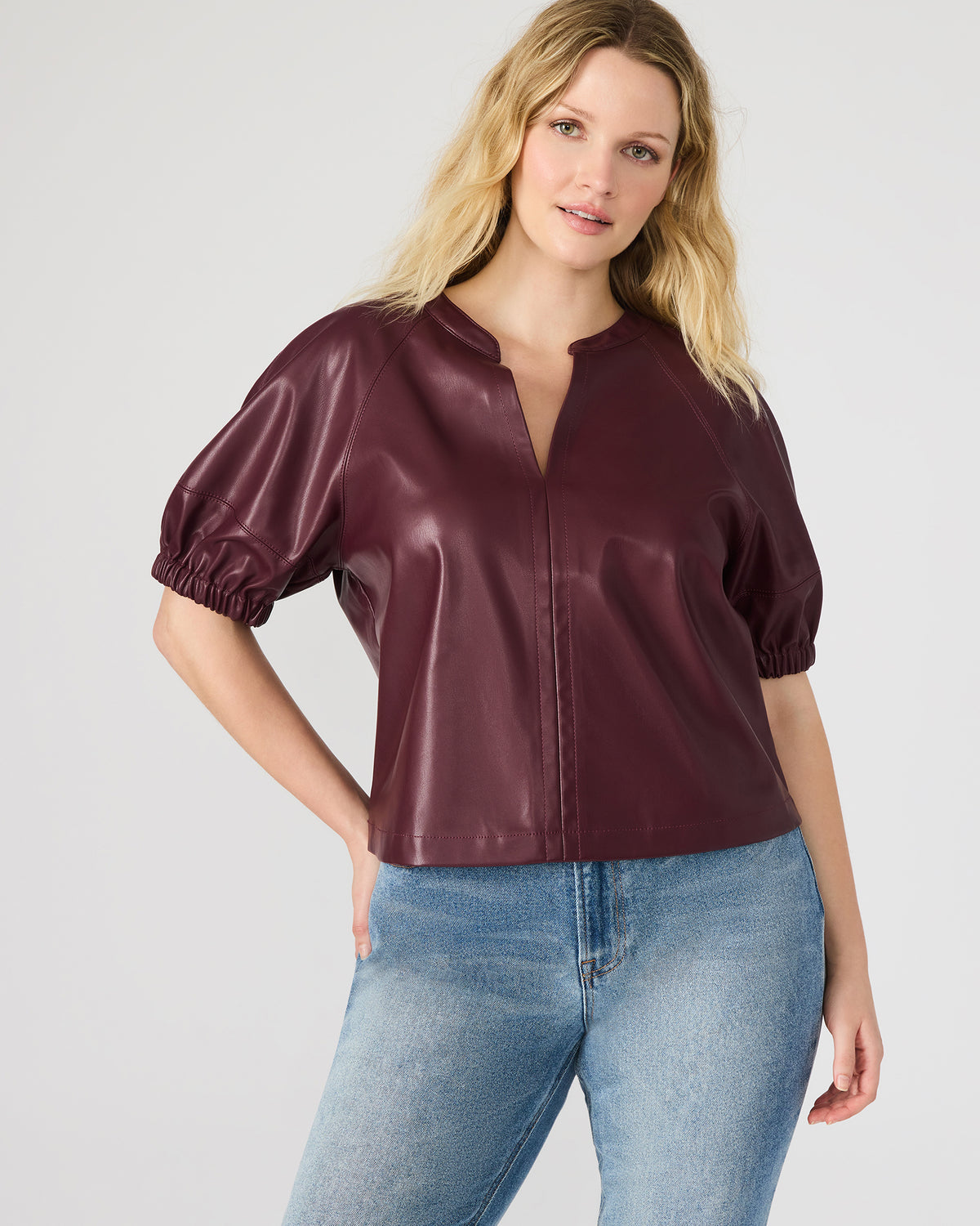 Steve Madden ROXANNE Wine Short-Sleeved Faux Leather Puff Sleeve Women's Top