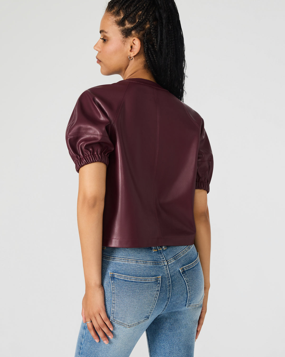 Steve Madden ROXANNE Wine Short-Sleeved Faux Leather Puff Sleeve Women's Top