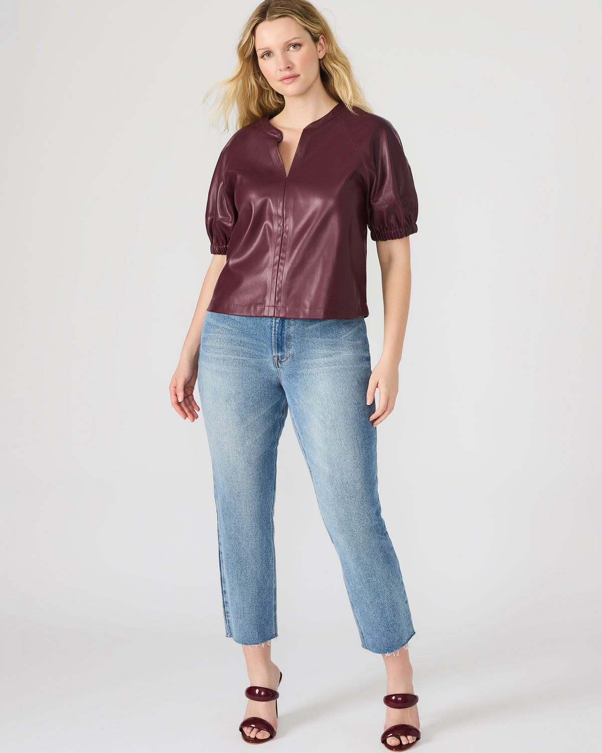 Steve Madden ROXANNE Wine Short-Sleeved Faux Leather Puff Sleeve Women's Top