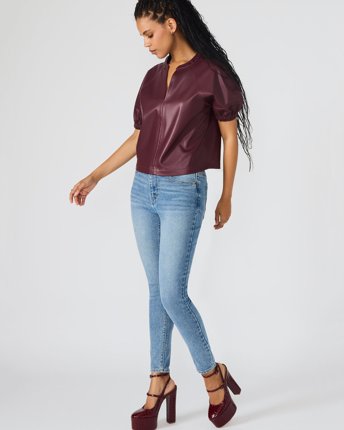 Steve Madden ROXANNE Wine Short-Sleeved Faux Leather Puff Sleeve Women's Top