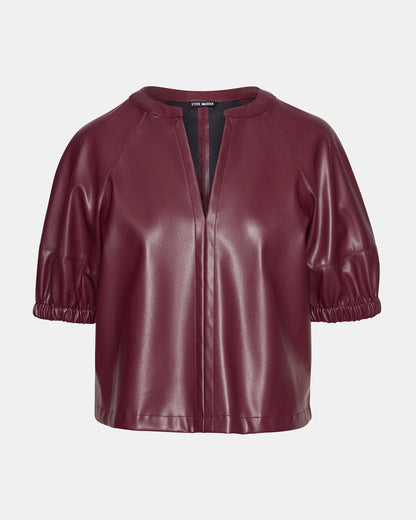 Steve Madden ROXANNE Wine Short-Sleeved Faux Leather Puff Sleeve Women's Top