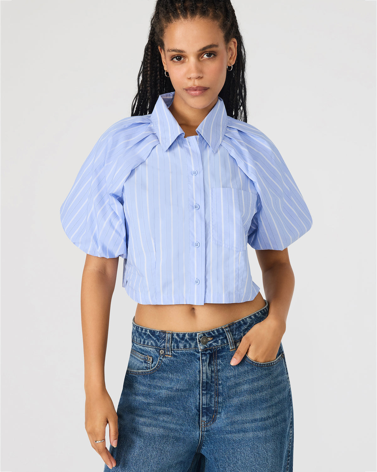 Steve Madden REECE Soft Blue Button-Up Collared Bubble Sleeve Women's Top