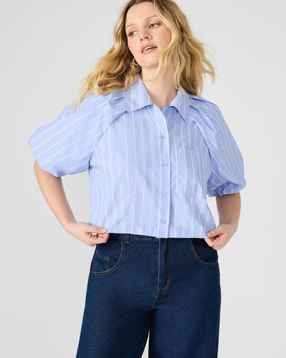 Steve Madden REECE Soft Blue Button-Up Collared Bubble Sleeve Women's Top