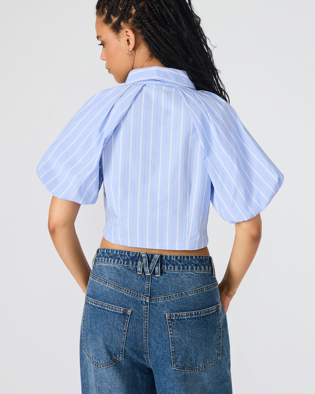 Steve Madden REECE Soft Blue Button-Up Collared Bubble Sleeve Women's Top