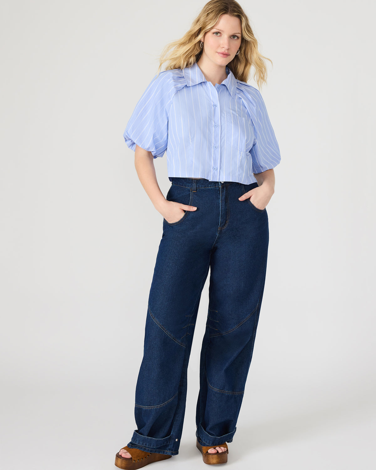 Steve Madden REECE Soft Blue Button-Up Collared Bubble Sleeve Women's Top