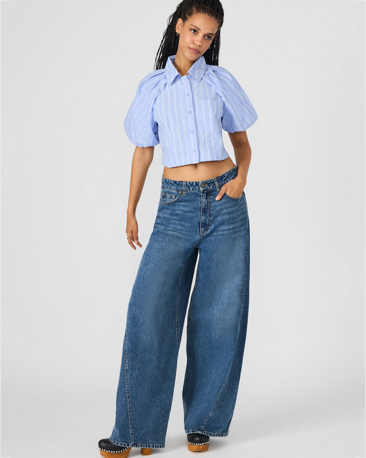 Steve Madden REECE Soft Blue Button-Up Collared Bubble Sleeve Women's Top