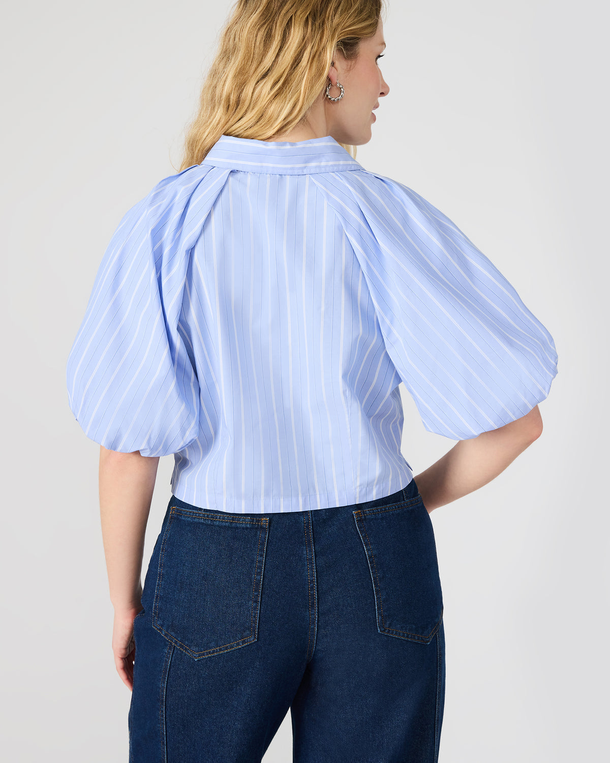 Steve Madden REECE Soft Blue Button-Up Collared Bubble Sleeve Women's Top
