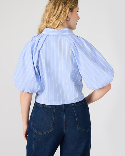 Steve Madden REECE Soft Blue Button-Up Collared Bubble Sleeve Women's Top