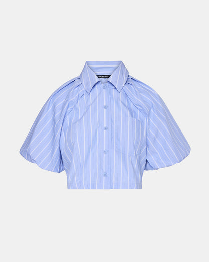 Steve Madden REECE Soft Blue Button-Up Collared Bubble Sleeve Women's Top