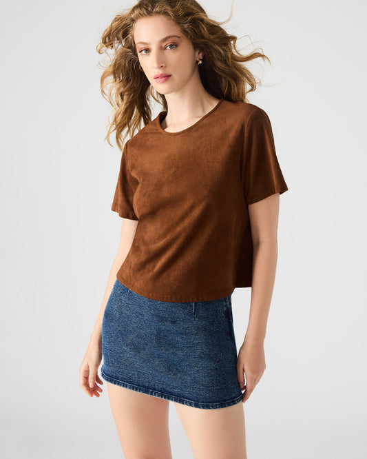 Steve Madden EZRA Chicory Coffee Short-Sleeved Faux-Suede Women's Top