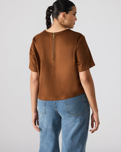 Steve Madden EZRA Chicory Coffee Short-Sleeved Faux-Suede Women's Top