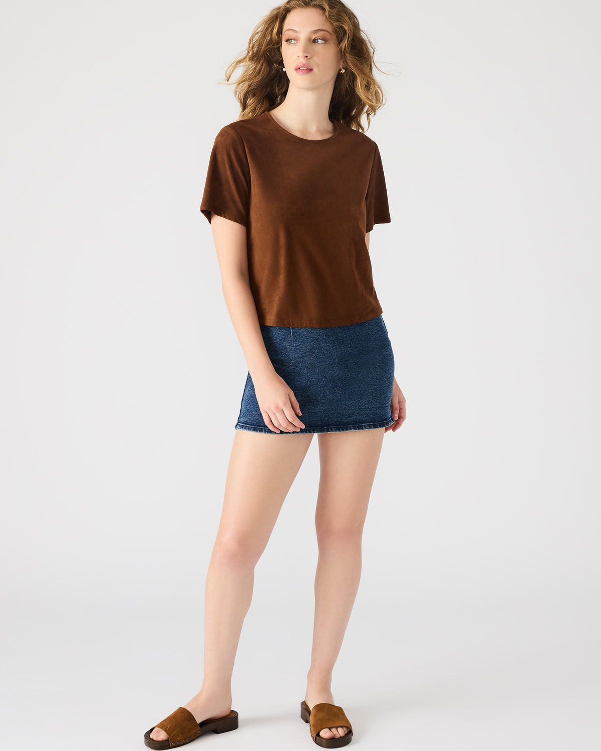 Steve Madden EZRA Chicory Coffee Short-Sleeved Faux-Suede Women's Top