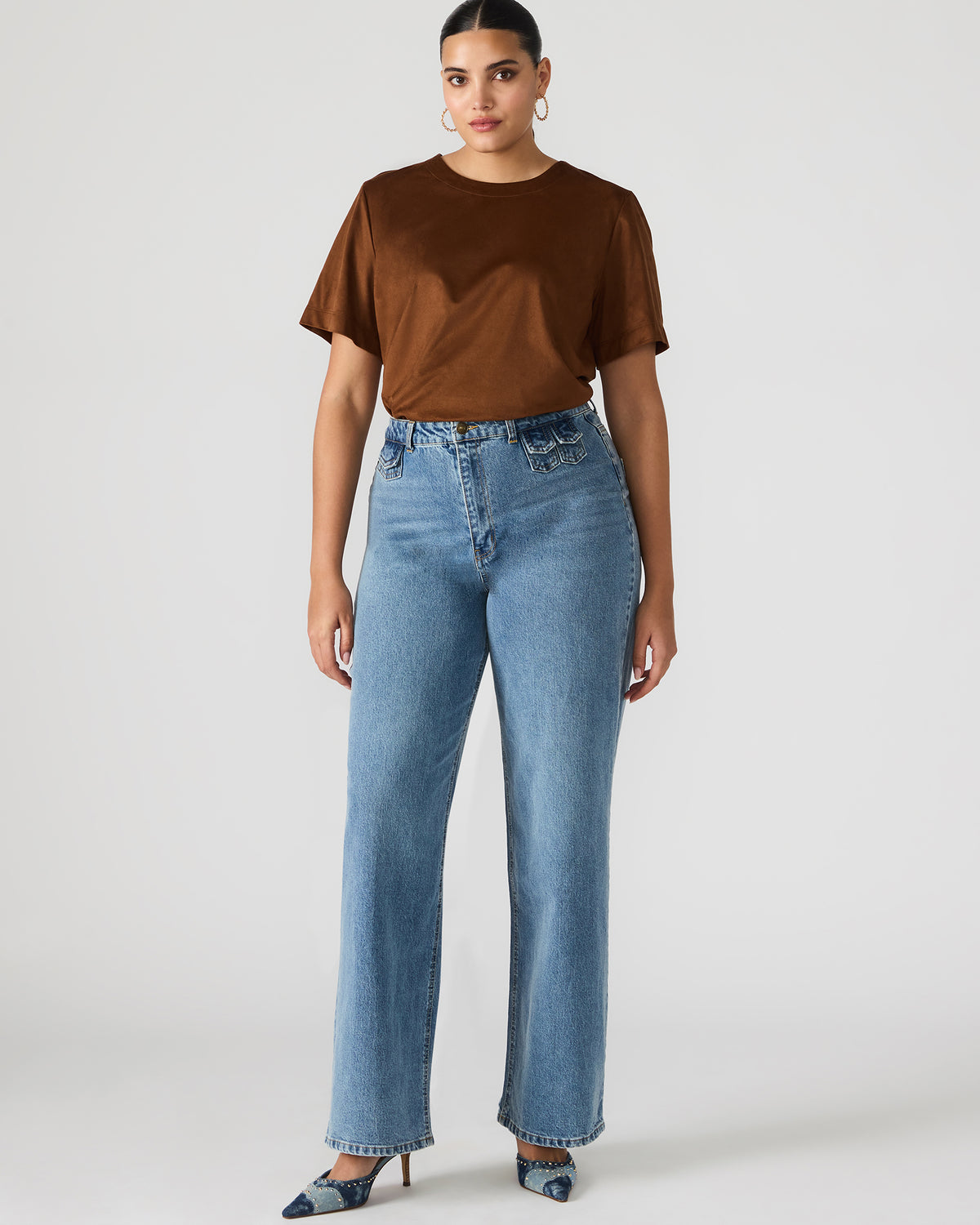 Steve Madden EZRA Chicory Coffee Short-Sleeved Faux-Suede Women's Top