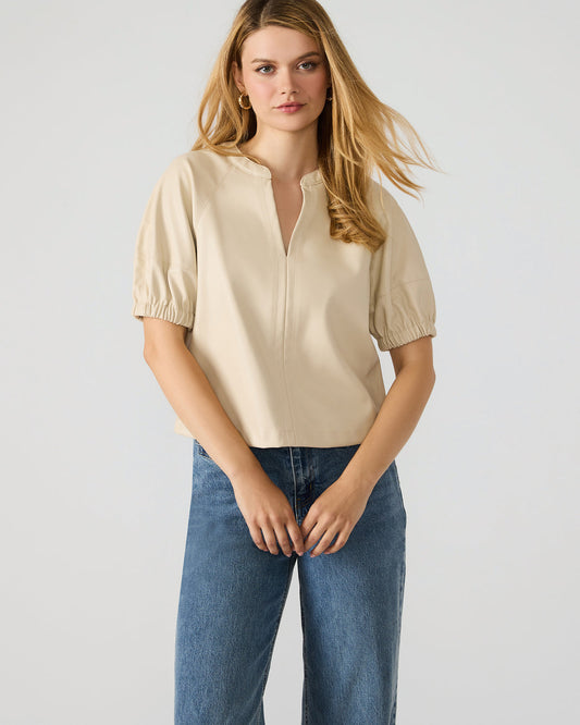 Steve Madden ROXANNE Bone Short-Sleeved Faux Leather Puff Sleeve Women's Top
