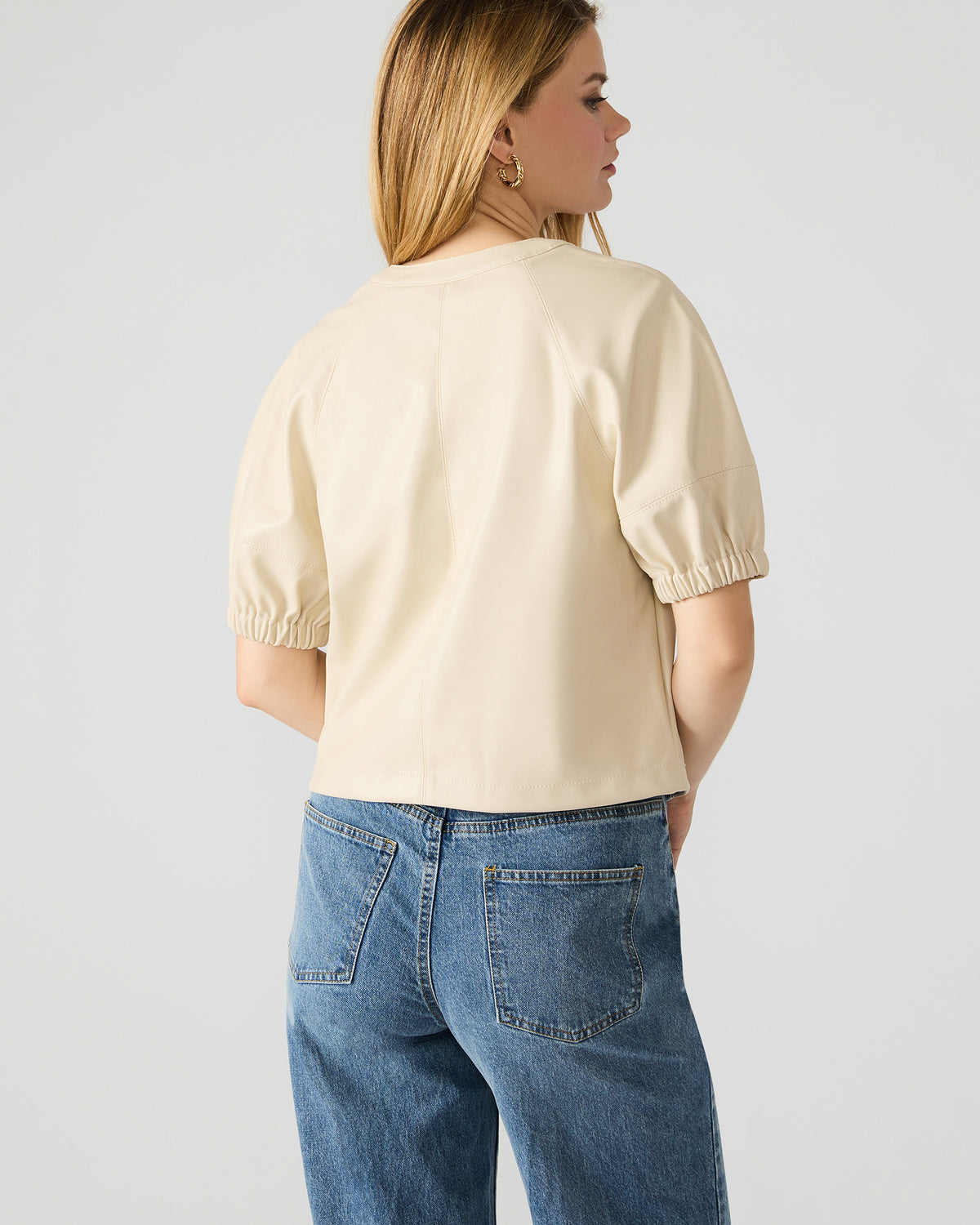 Steve Madden ROXANNE Bone Short-Sleeved Faux Leather Puff Sleeve Women's Top