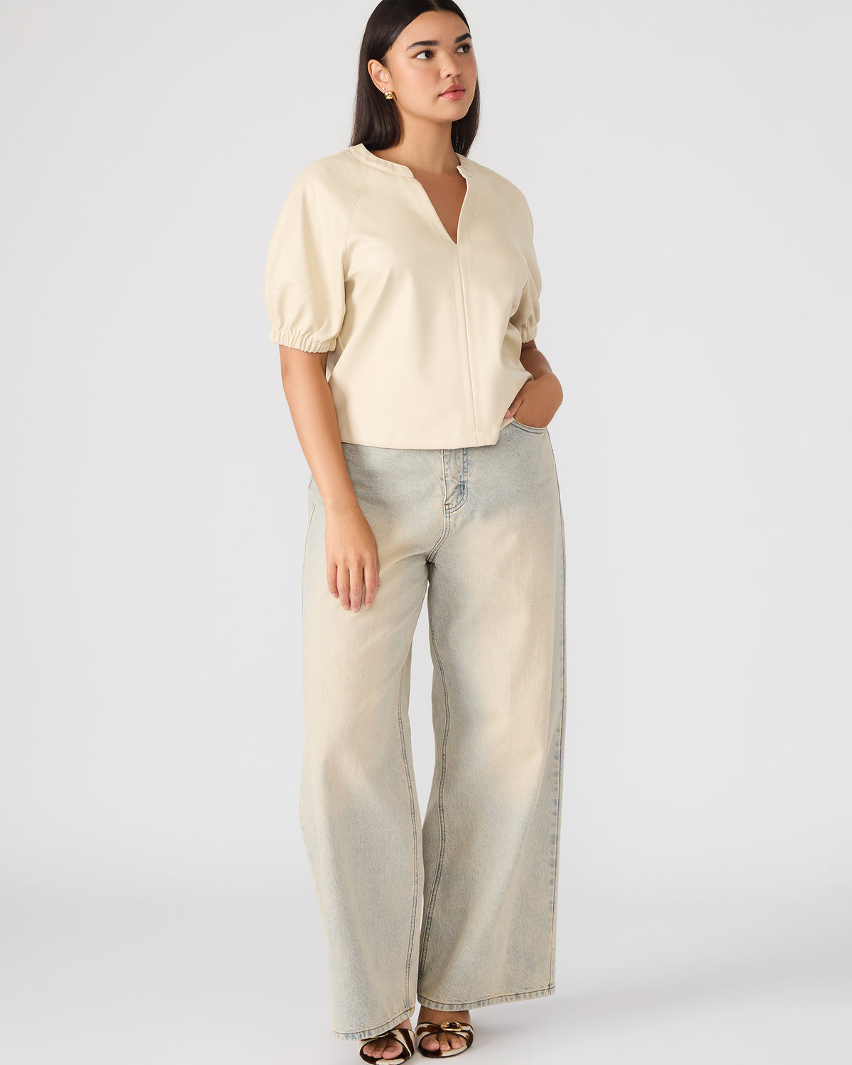 Steve Madden ROXANNE Bone Short-Sleeved Faux Leather Puff Sleeve Women's Top