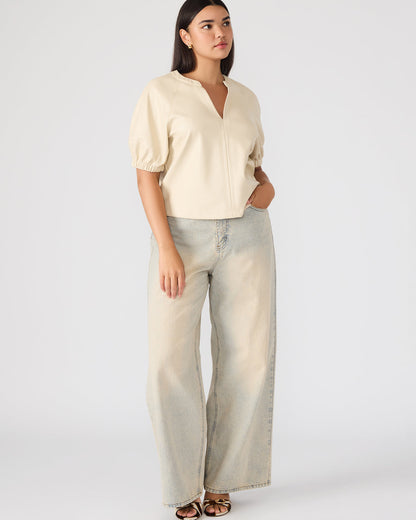 Steve Madden ROXANNE Bone Short-Sleeved Faux Leather Puff Sleeve Women's Top