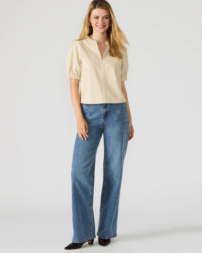 Steve Madden ROXANNE Bone Short-Sleeved Faux Leather Puff Sleeve Women's Top