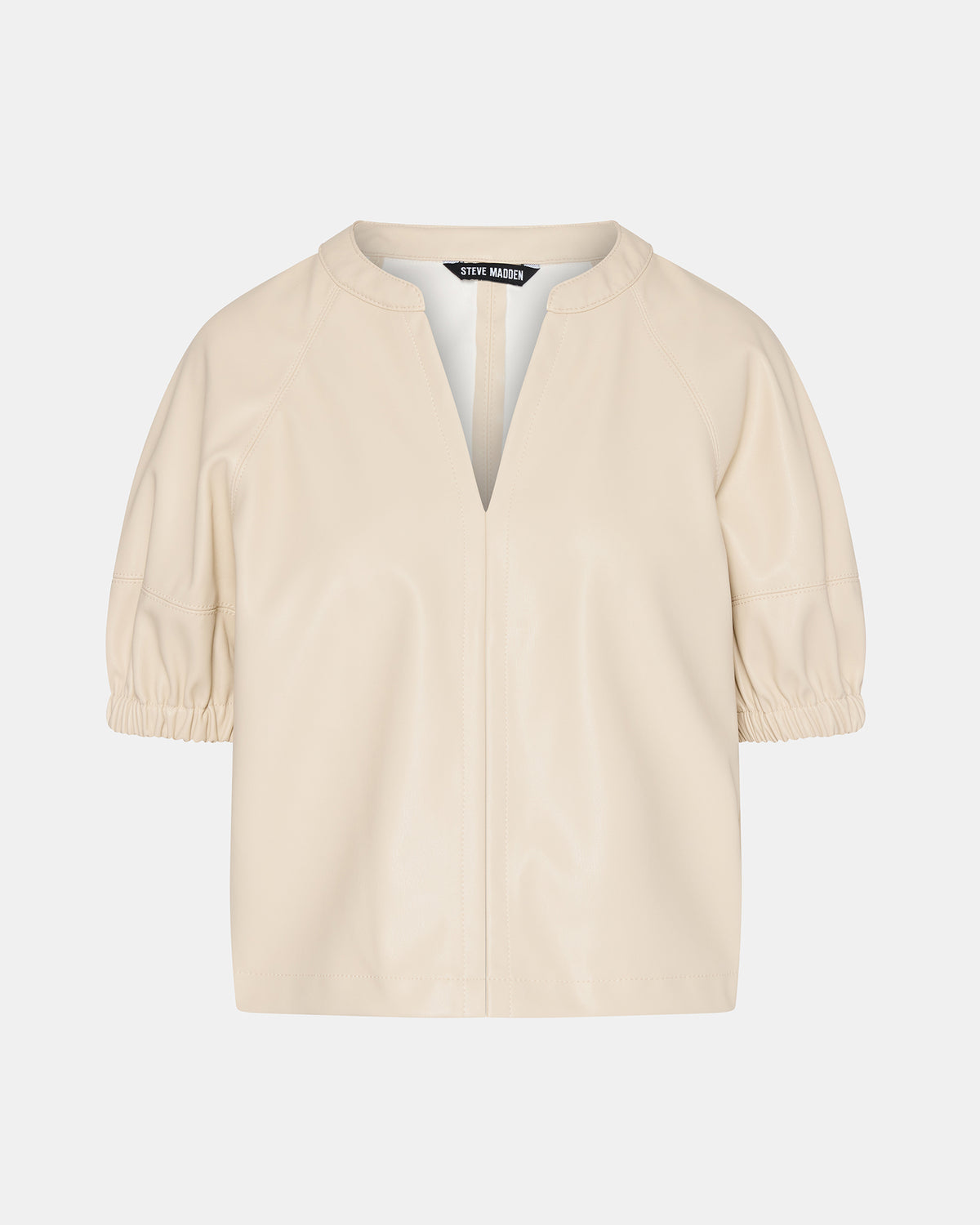 Steve Madden ROXANNE Bone Short-Sleeved Faux Leather Puff Sleeve Women's Top