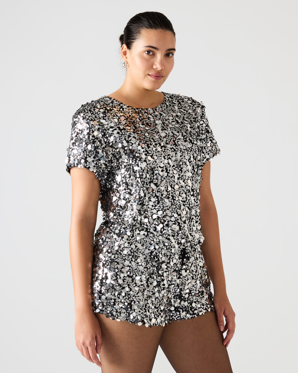Steve Madden CRESSA Silver Embellished Sequin Women's Top