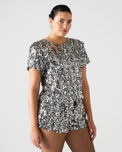 Steve Madden CRESSA Silver Embellished Sequin Women's Top