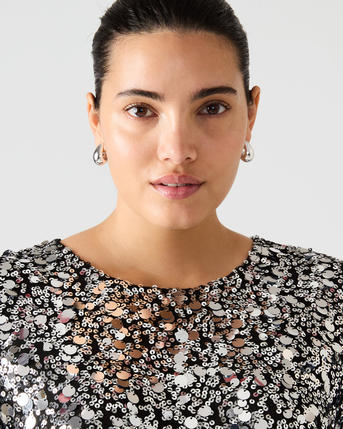 Steve Madden CRESSA Silver Embellished Sequin Women's Top