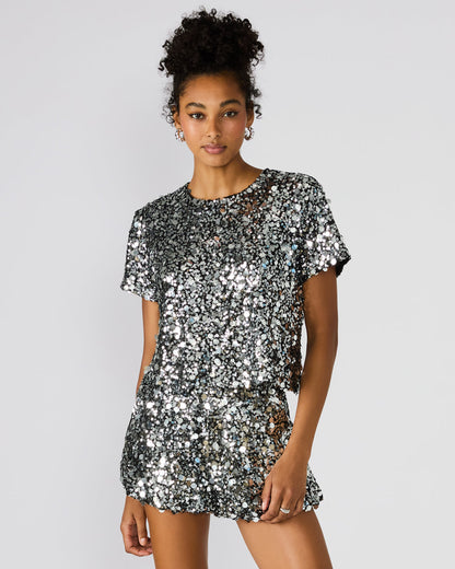 Steve Madden CRESSA Silver Embellished Sequin Women's Top