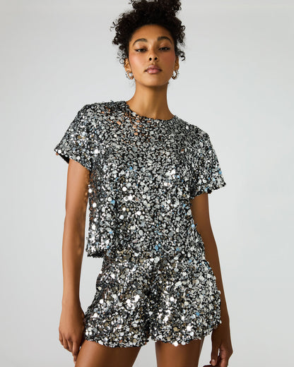 Steve Madden CRESSA Silver Embellished Sequin Women's Top