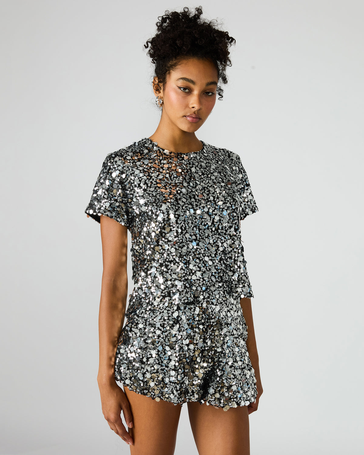 Steve Madden CRESSA Silver Embellished Sequin Women's Top