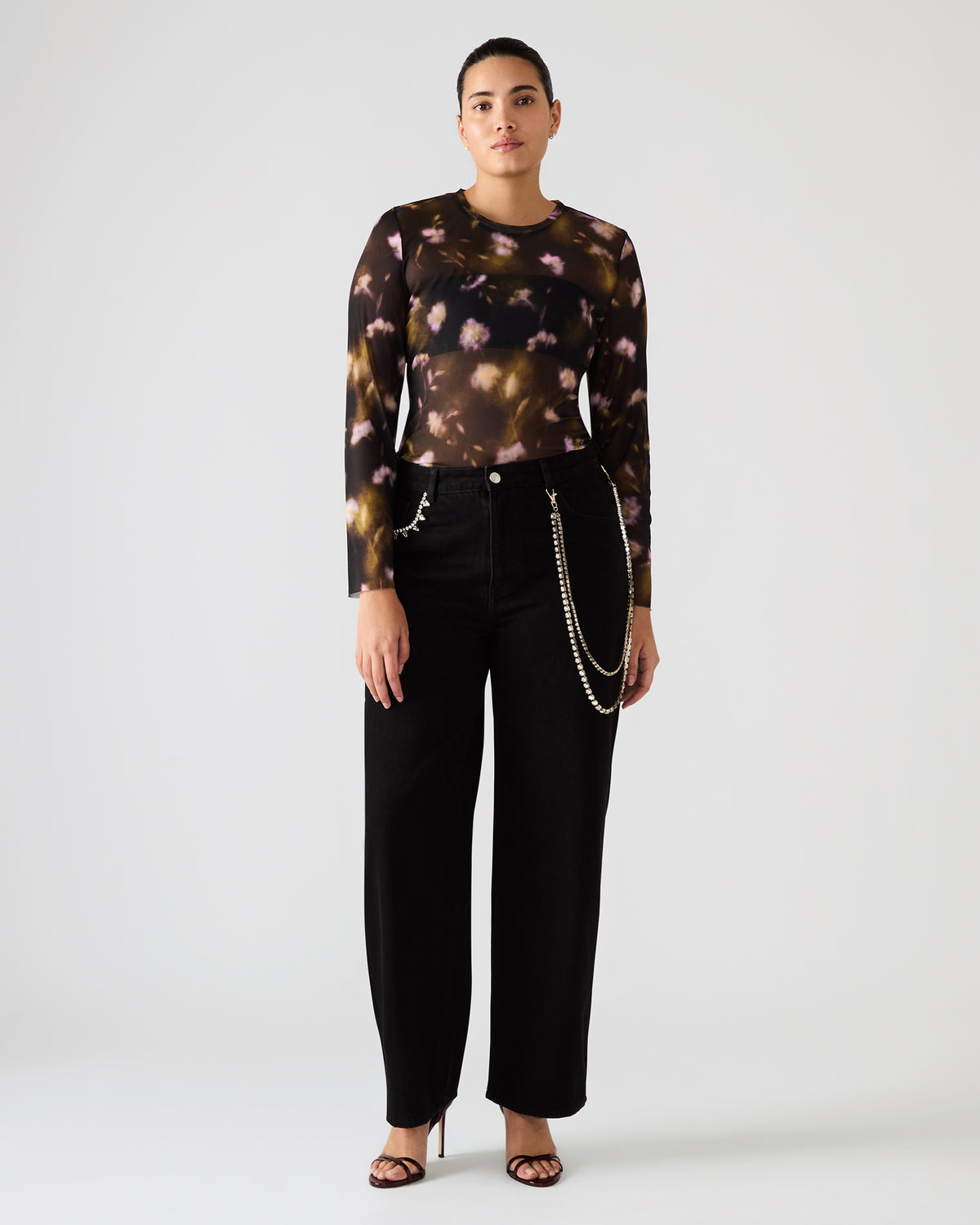 Steve Madden LILIANNA Black Multi Mesh Sheer Long-Sleeved Floral Print Women's Top