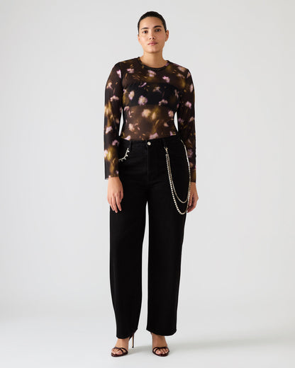 Steve Madden LILIANNA Black Multi Mesh Sheer Long-Sleeved Floral Print Women's Top