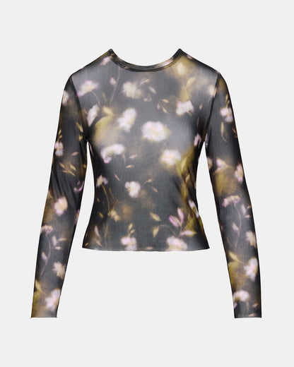 Steve Madden LILIANNA Black Multi Mesh Sheer Long-Sleeved Floral Print Women's Top