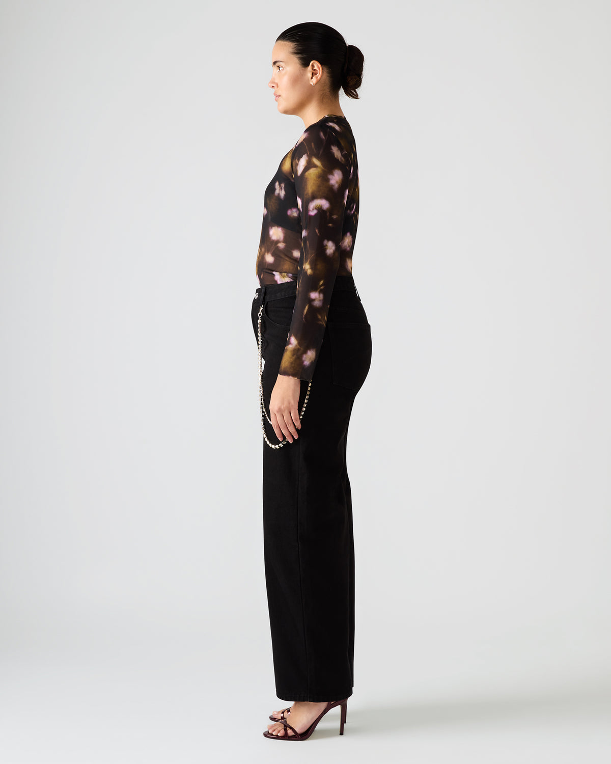 Steve Madden LILIANNA Black Multi Mesh Sheer Long-Sleeved Floral Print Women's Top