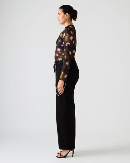 Steve Madden LILIANNA Black Multi Mesh Sheer Long-Sleeved Floral Print Women's Top