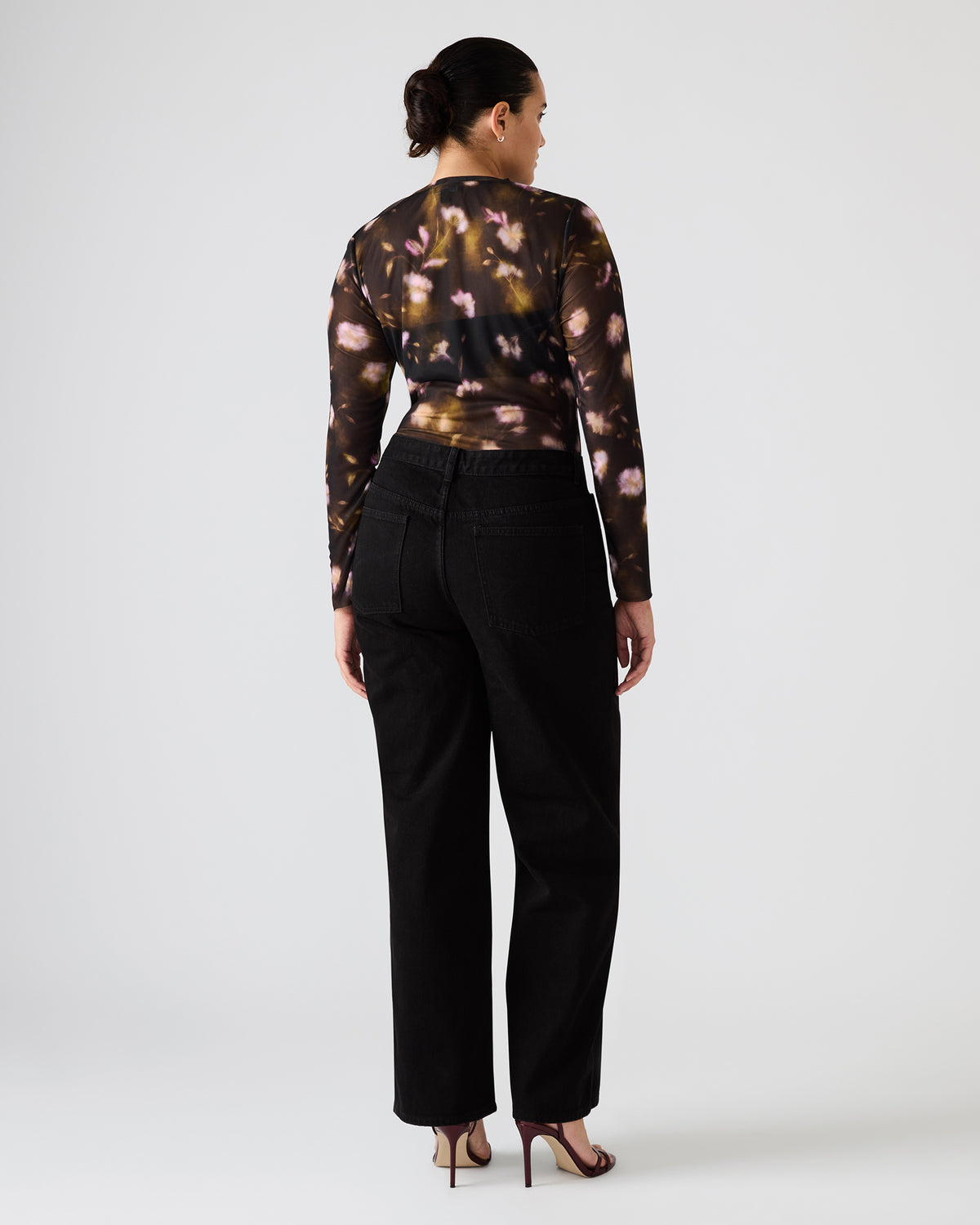 Steve Madden LILIANNA Black Multi Mesh Sheer Long-Sleeved Floral Print Women's Top