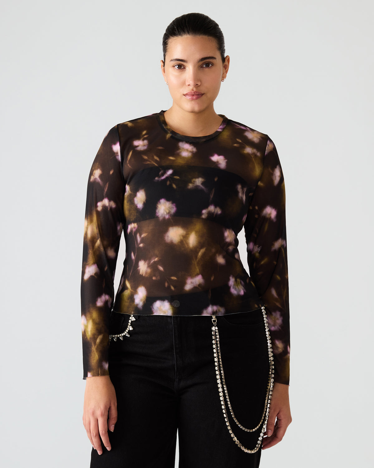 Steve Madden LILIANNA Black Multi Mesh Sheer Long-Sleeved Floral Print Women's Top