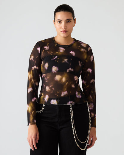 Steve Madden LILIANNA Black Multi Mesh Sheer Long-Sleeved Floral Print Women's Top