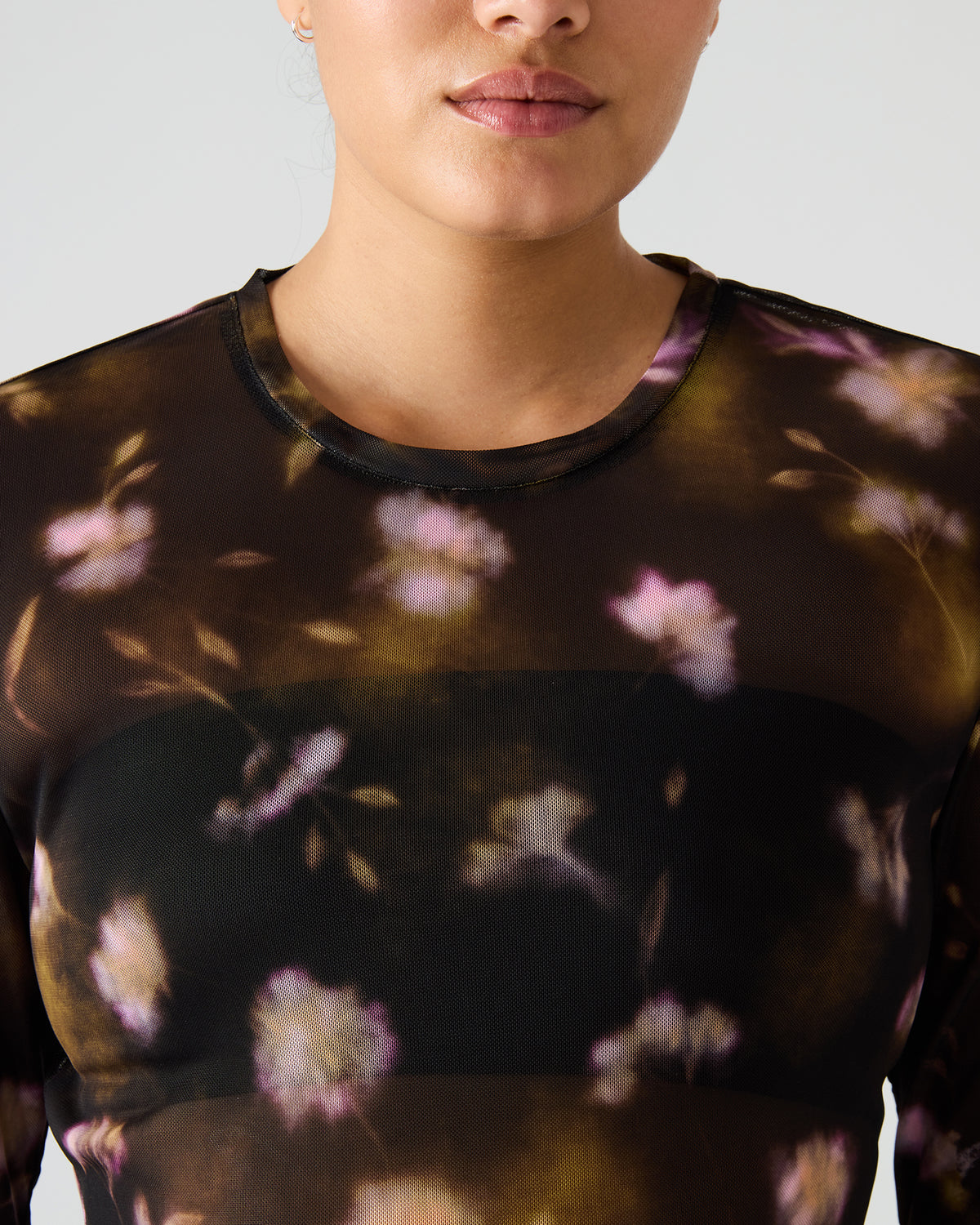 Steve Madden LILIANNA Black Multi Mesh Sheer Long-Sleeved Floral Print Women's Top