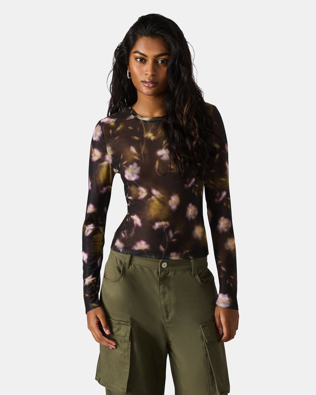 Steve Madden LILIANNA Black Multi Mesh Sheer Long-Sleeved Floral Print Women's Top