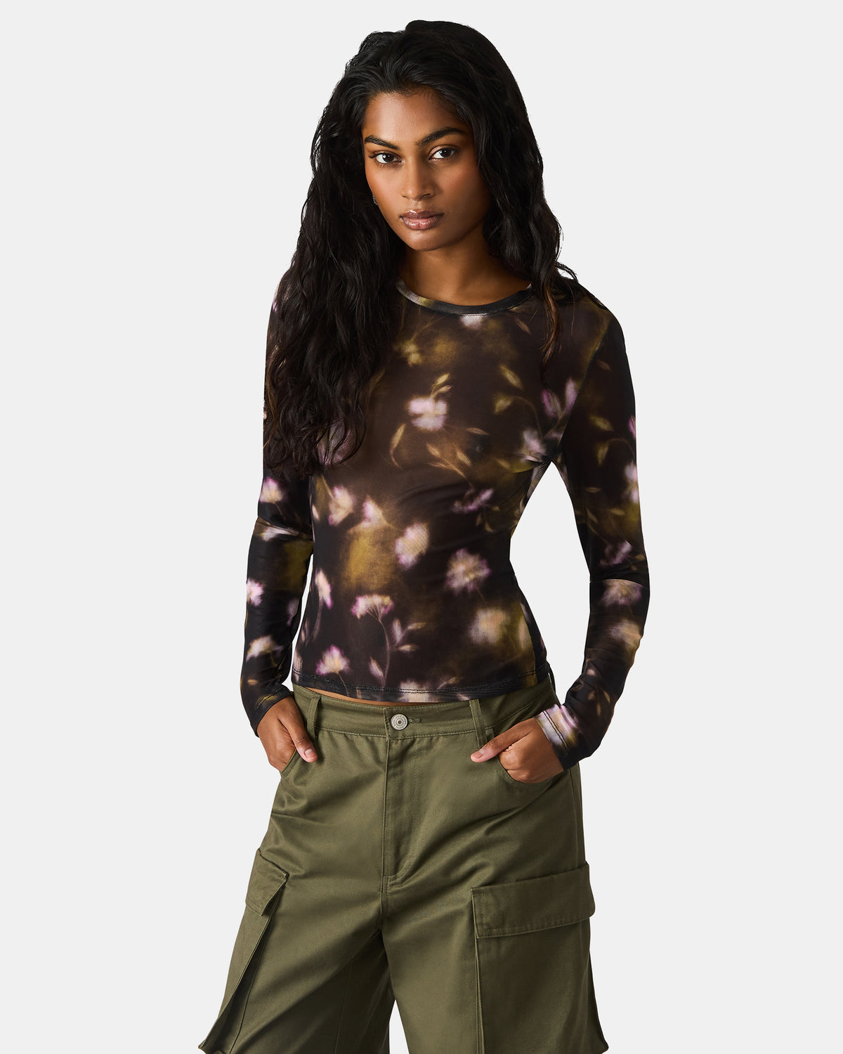 Steve Madden LILIANNA Black Multi Mesh Sheer Long-Sleeved Floral Print Women's Top