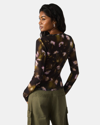 Steve Madden LILIANNA Black Multi Mesh Sheer Long-Sleeved Floral Print Women's Top