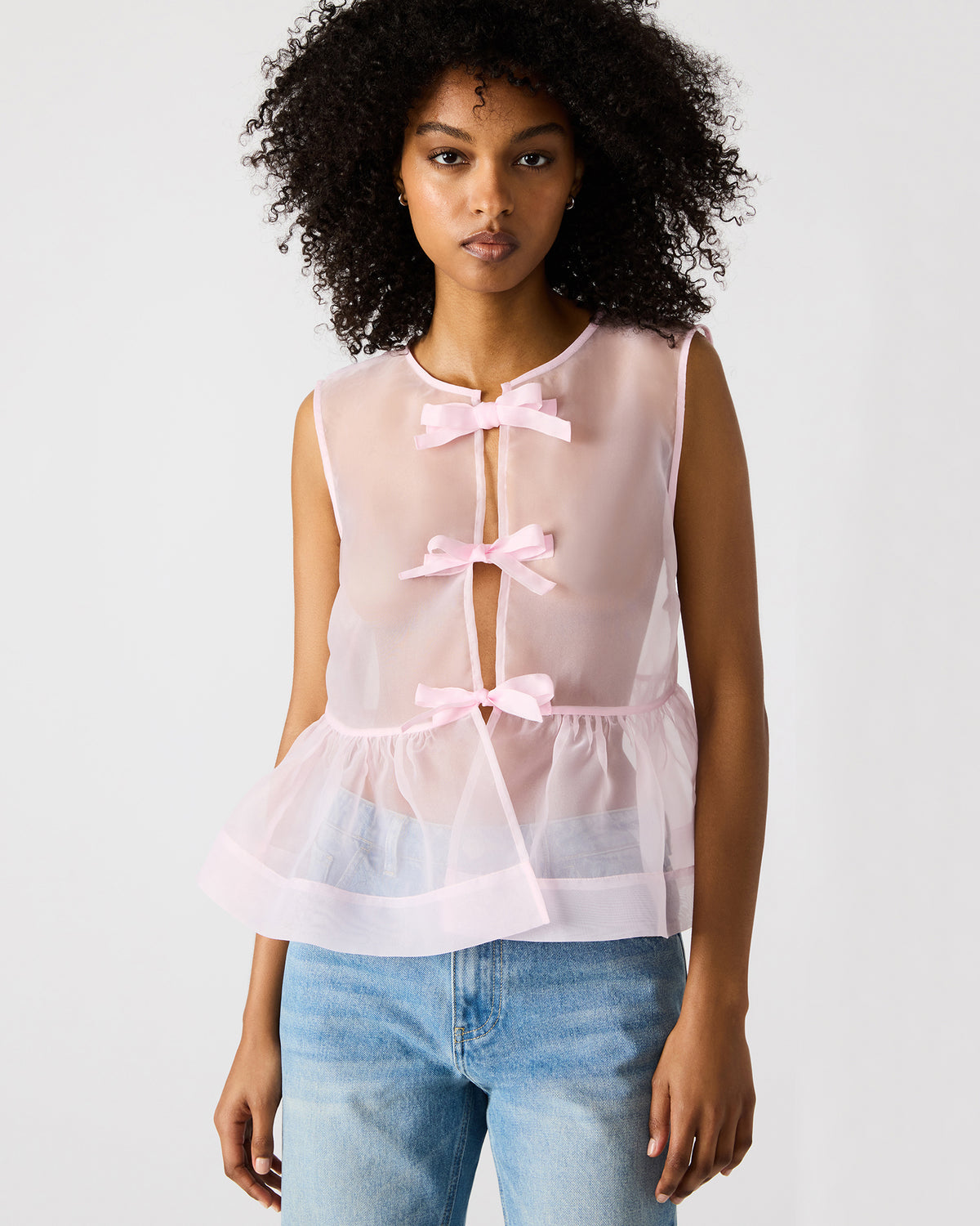 Steve Madden PAULINA Light Pink Sheer Mesh Bow Detail Tie-Front Women's Top