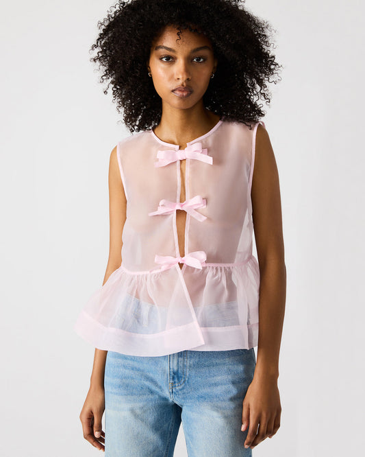 Steve Madden PAULINA Light Pink Sheer Mesh Bow Detail Tie-Front Women's Top